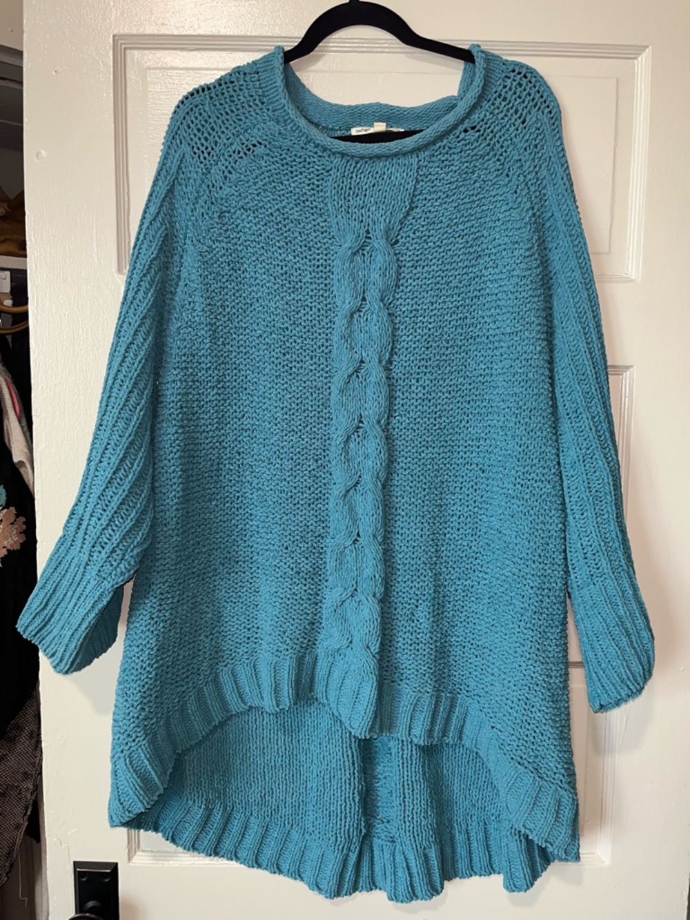 Chunky Teal Cable-Front Scoop Neck Sweater